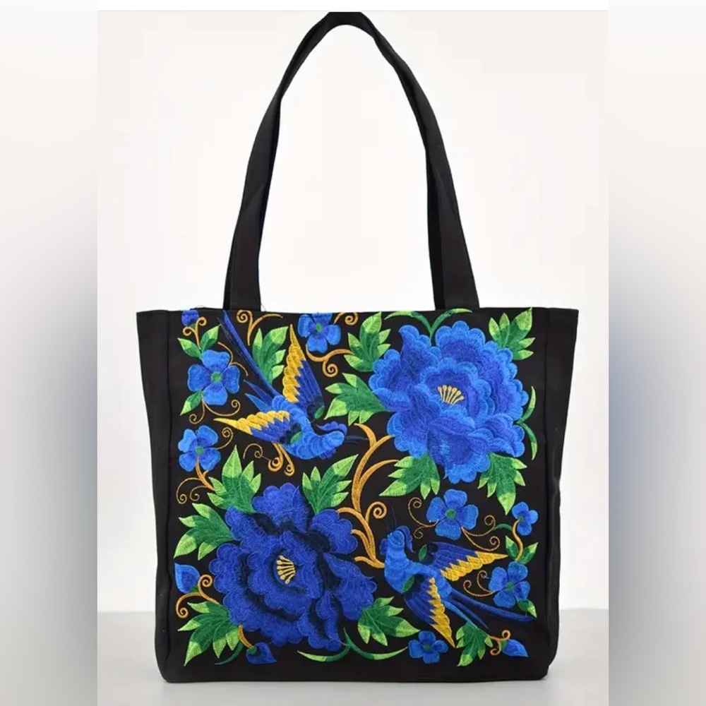 Tropical Embroidered Women’s Tote Bag with Zipper and Lining